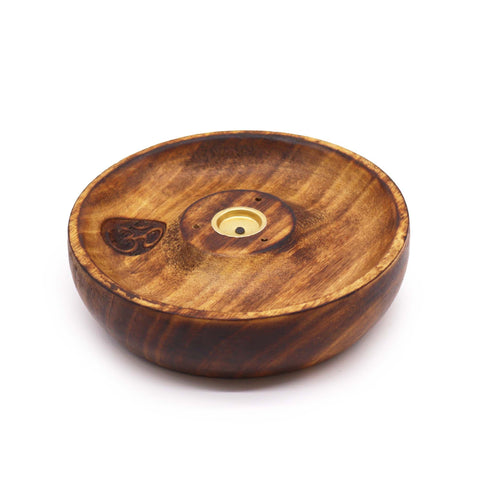 Incense Stick & Cone Burner Disc, Om, brown round dish with a gold centre, shown at an angle on white
