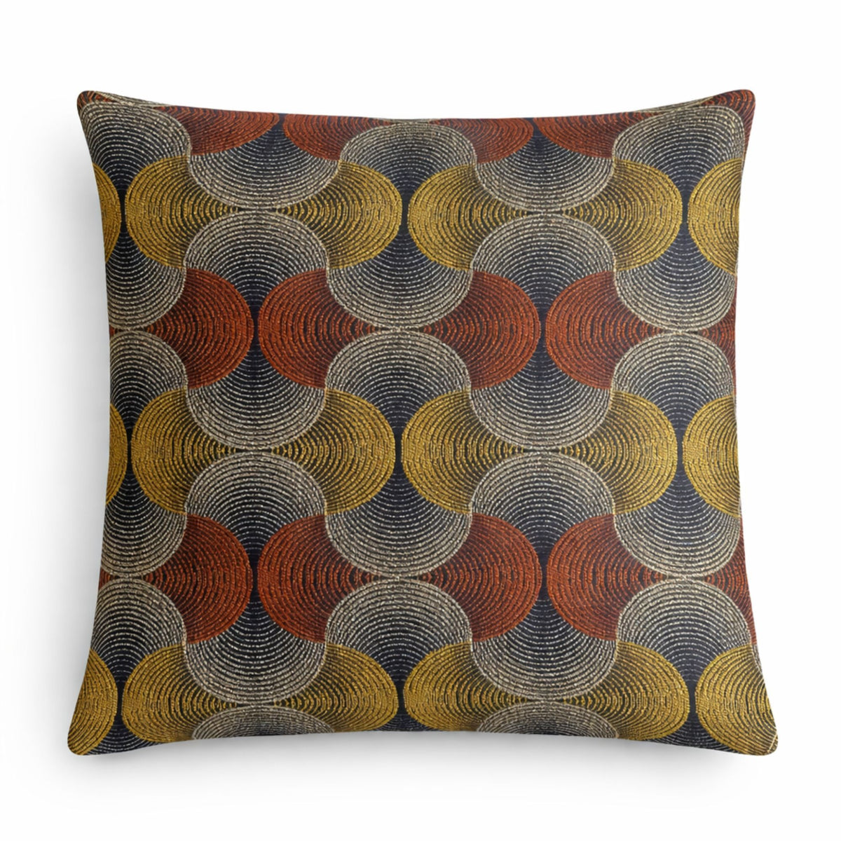 Urban Swirl cushion cover shown from the front, with repeating mustard, rust and grey curves