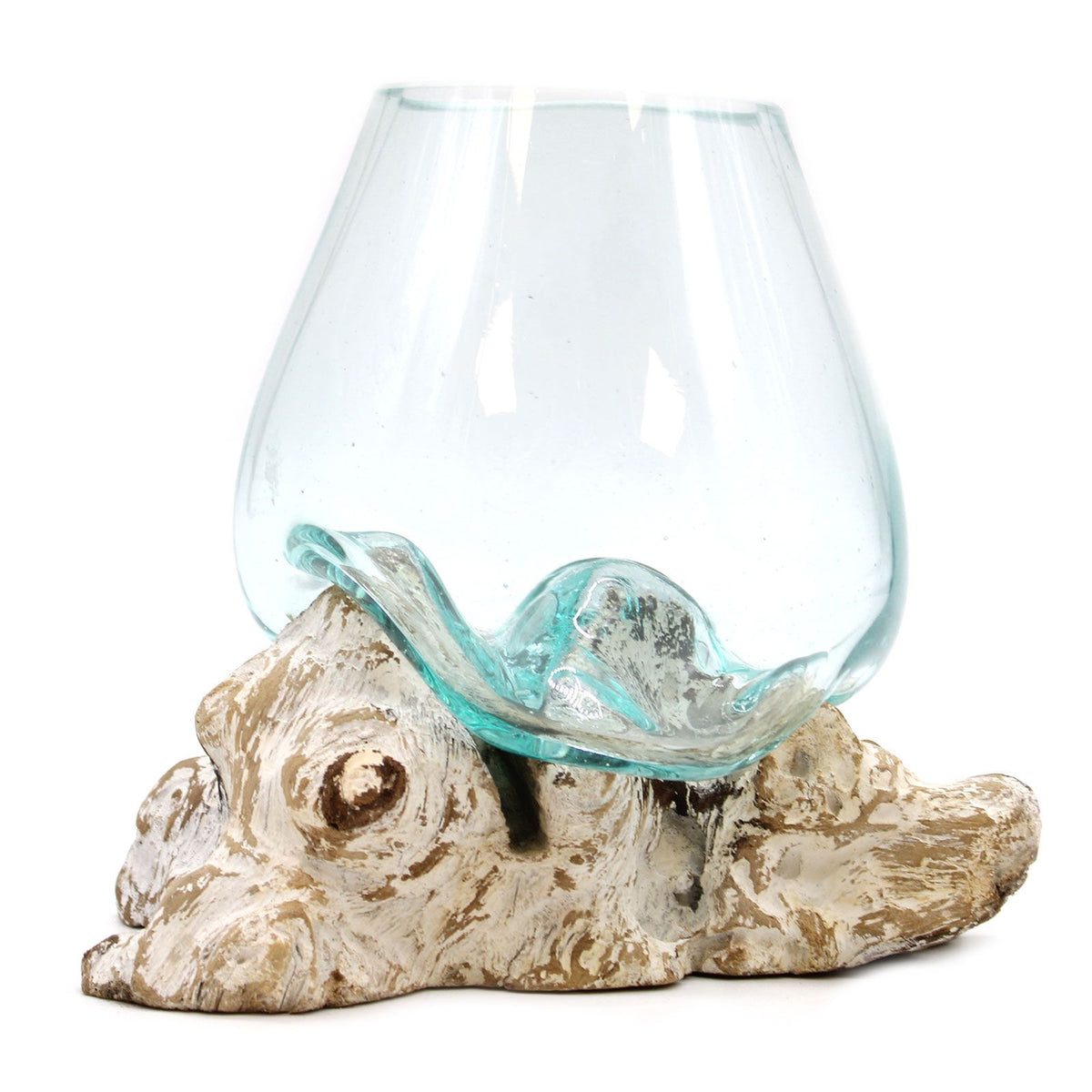 Molten glass bowl shown from the front, with clear glass and a pale textured wood base