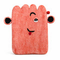Pink felt laptop pouch with a winking face and scalloped top