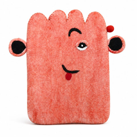 Pink felt laptop pouch with a winking face and scalloped top