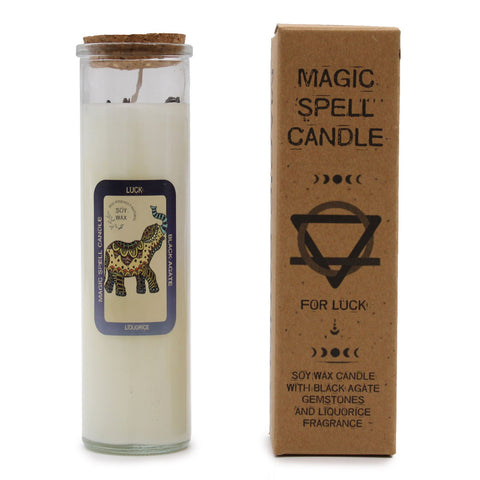 Magic Spell Candle with black agate and liquorice, shown beside its box