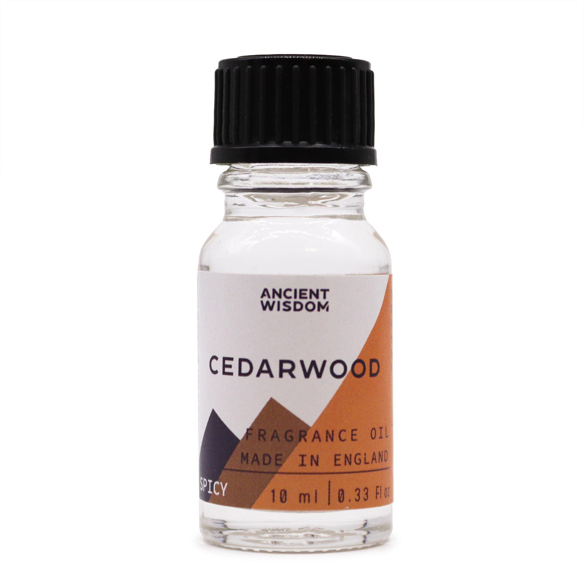 10ml Cedarwood Fragrance Oil in a clear bottle with a black cap and white and brown label, front view