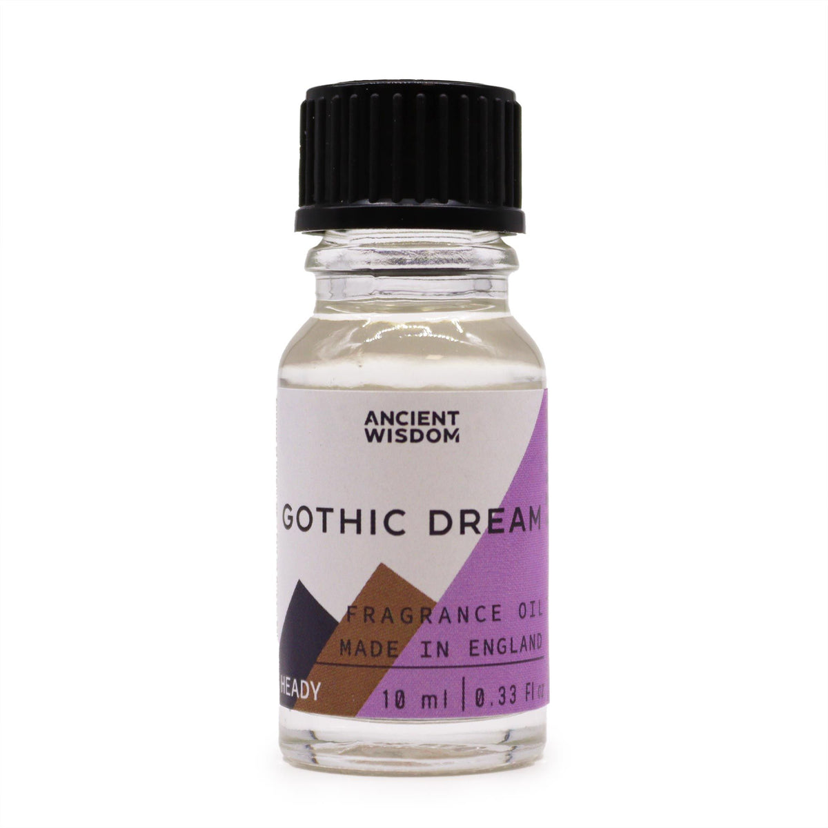 10ml Gothic Dream Fragrance Oil in a clear glass bottle with a black cap, front view on white