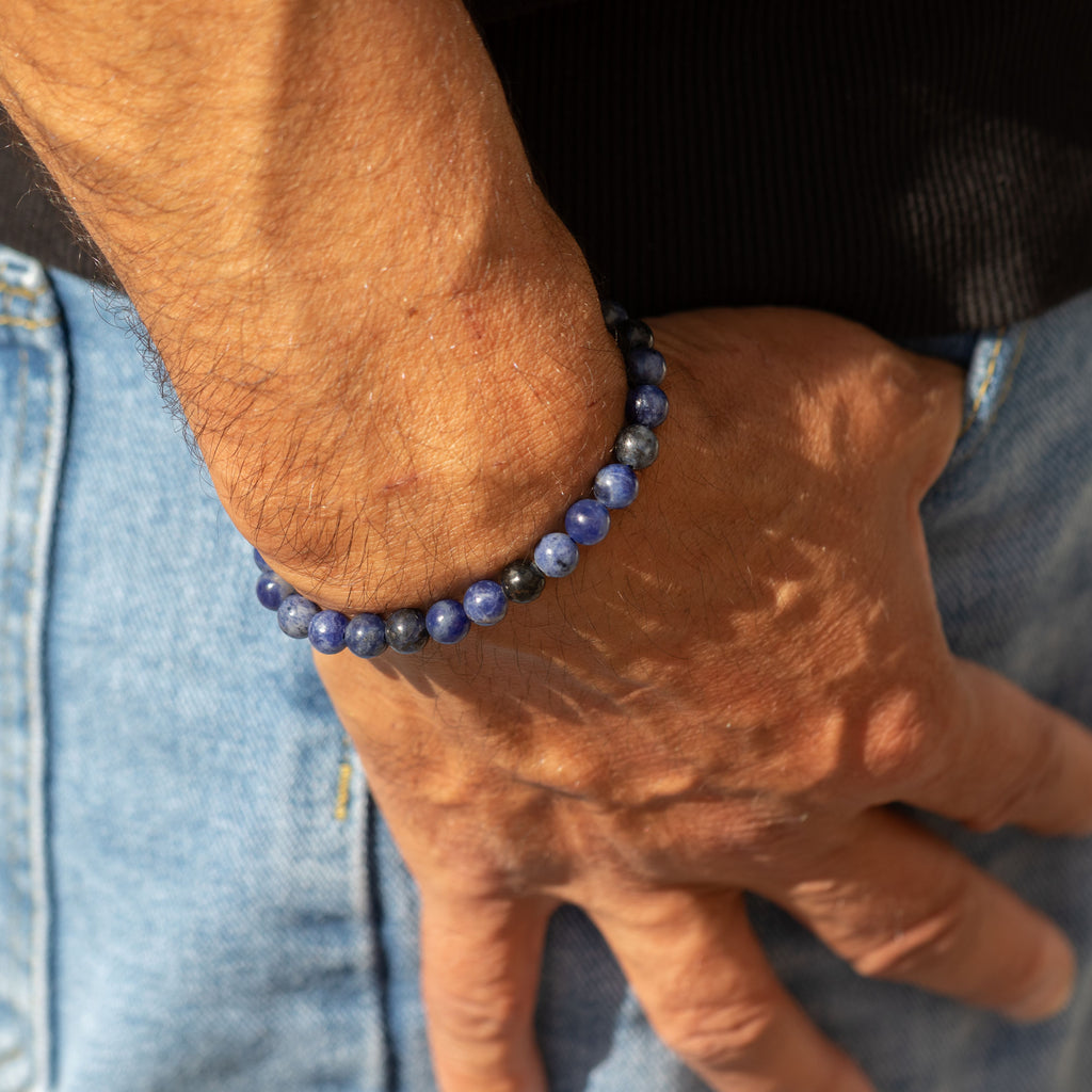 Sodalite bracelet worn with a denim outfit