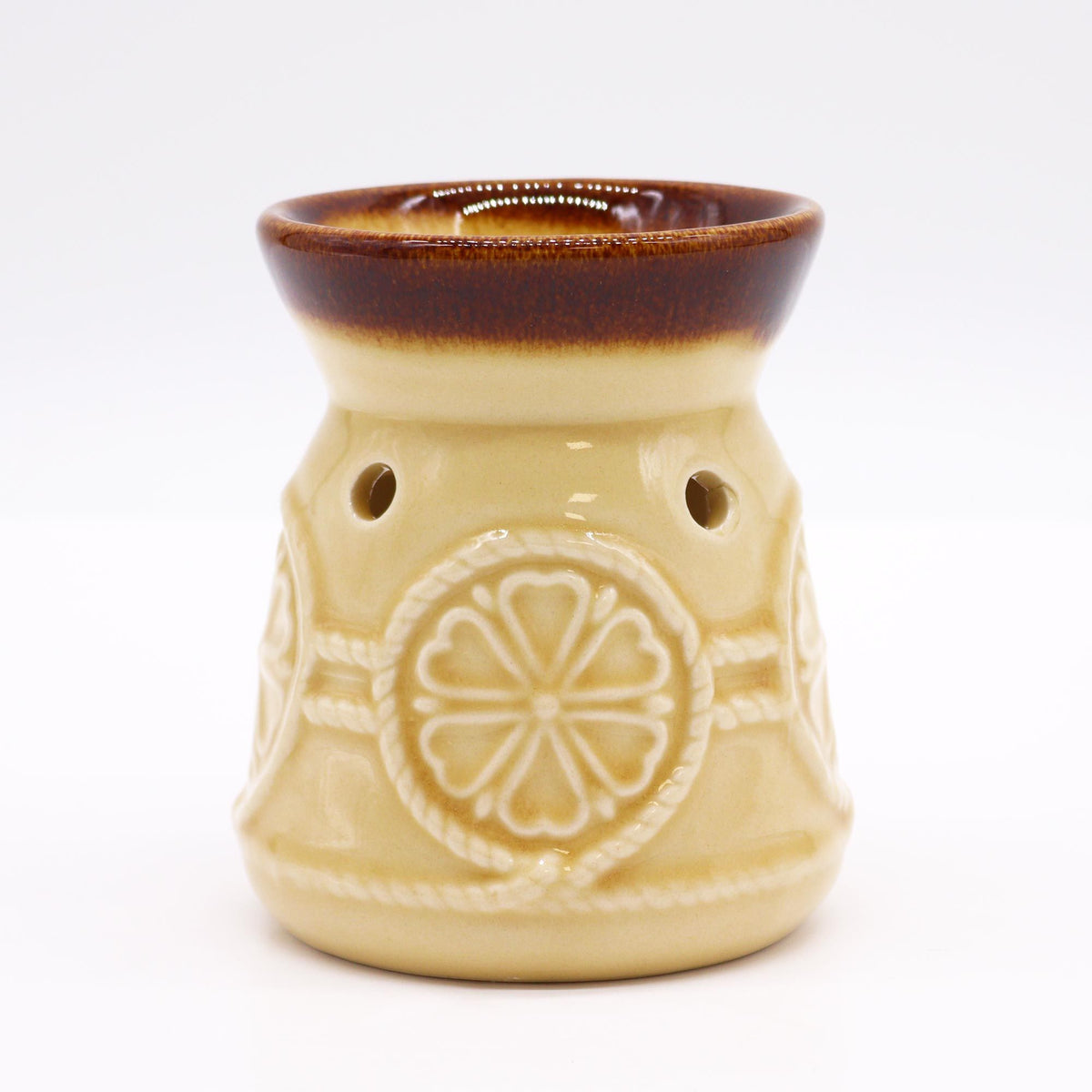 Classic Spa Burner, Cream, shown from the front with a brown rim, patterned body and two air holes