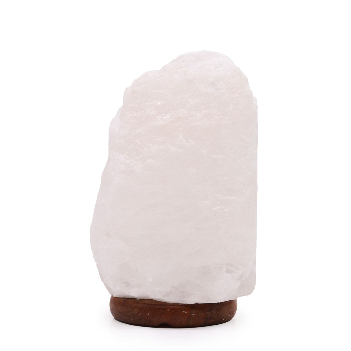 Himalayan salt lamp shown unlit from the front on its dark wooden base against a white background