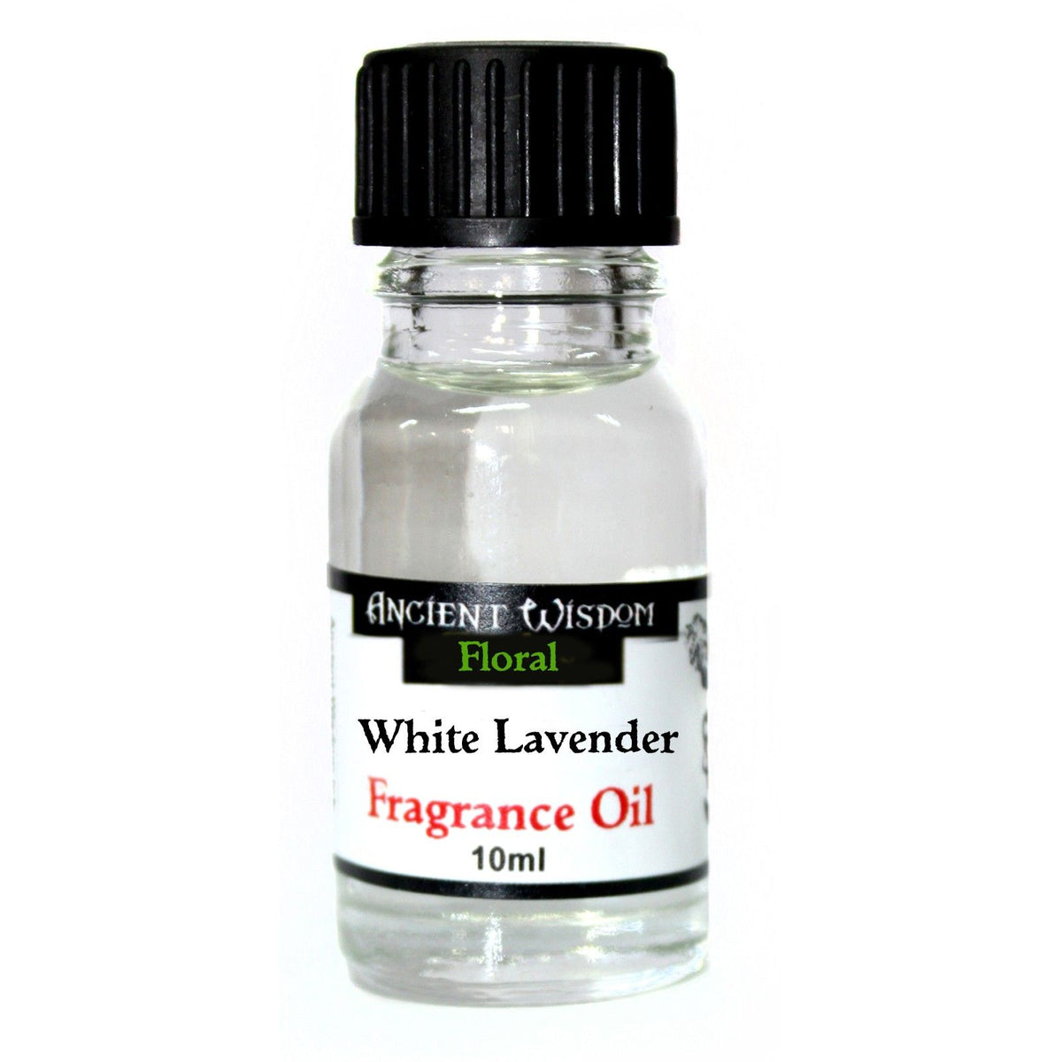 10ml White Lavender Fragrance Oil in a clear bottle with a black cap, front label on white