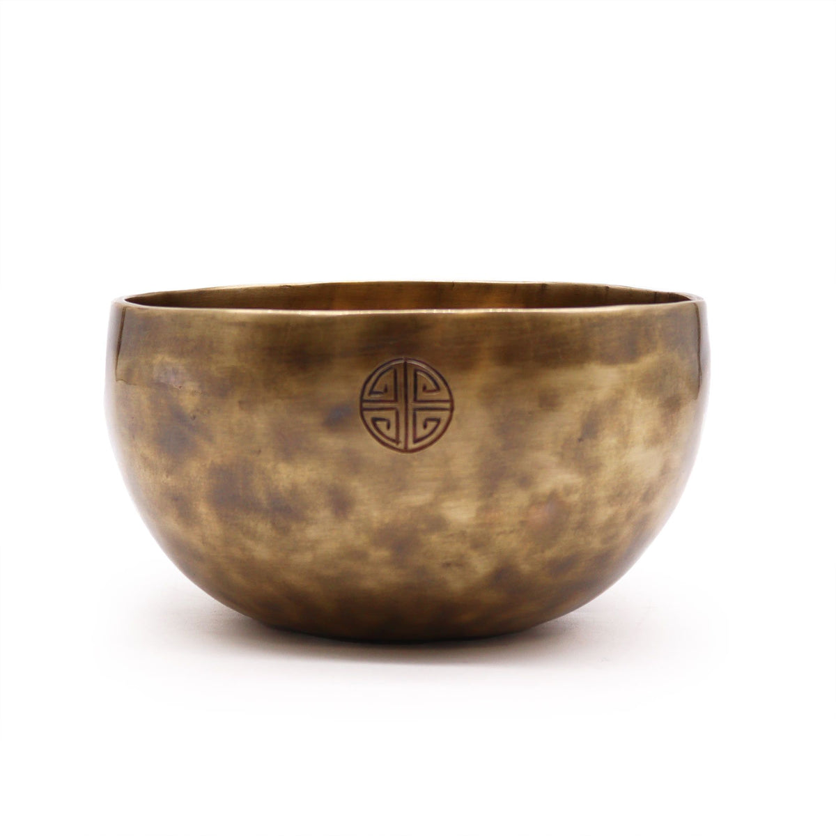 Large Nepalese Moon Bowl, mottled bronze coloured bowl shown from the front against a white background