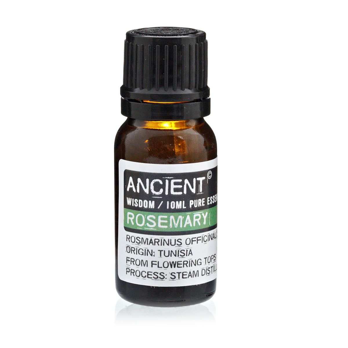10 ml Rosemary Essential Oil in an amber bottle with a black cap, shown upright against a white background