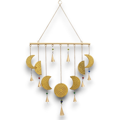 Indian Chimes, Brass Moon Phases Chimes hanging against a plain white background, full front view