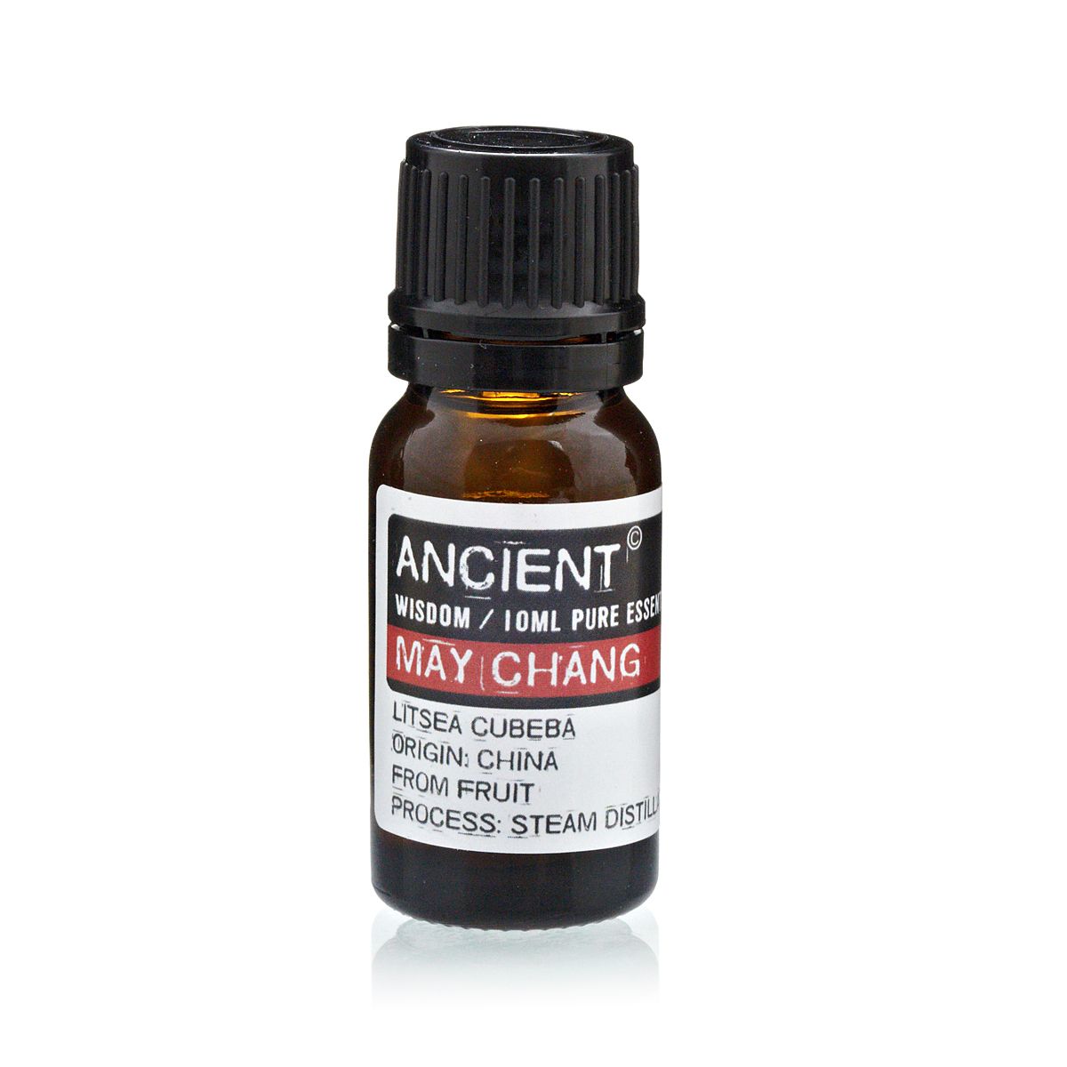 10 ml May Chang Essential Oil in a small amber bottle with a black cap, shown upright from the front