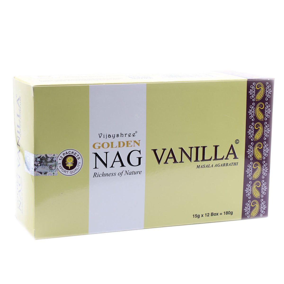 15g Golden Vanilla Incense in a pale green and white box, shown at an angle with its front and side visible