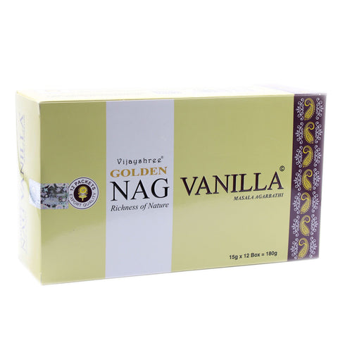 15g Golden Vanilla Incense in a pale green and white box, shown at an angle with its front and side visible