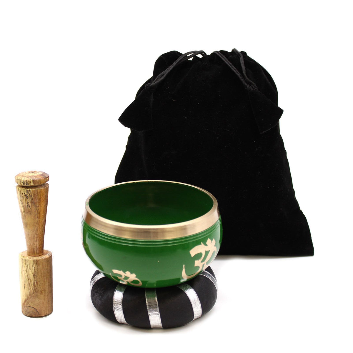 Green singing bowl set with wooden striker and black drawstring pouch behind it