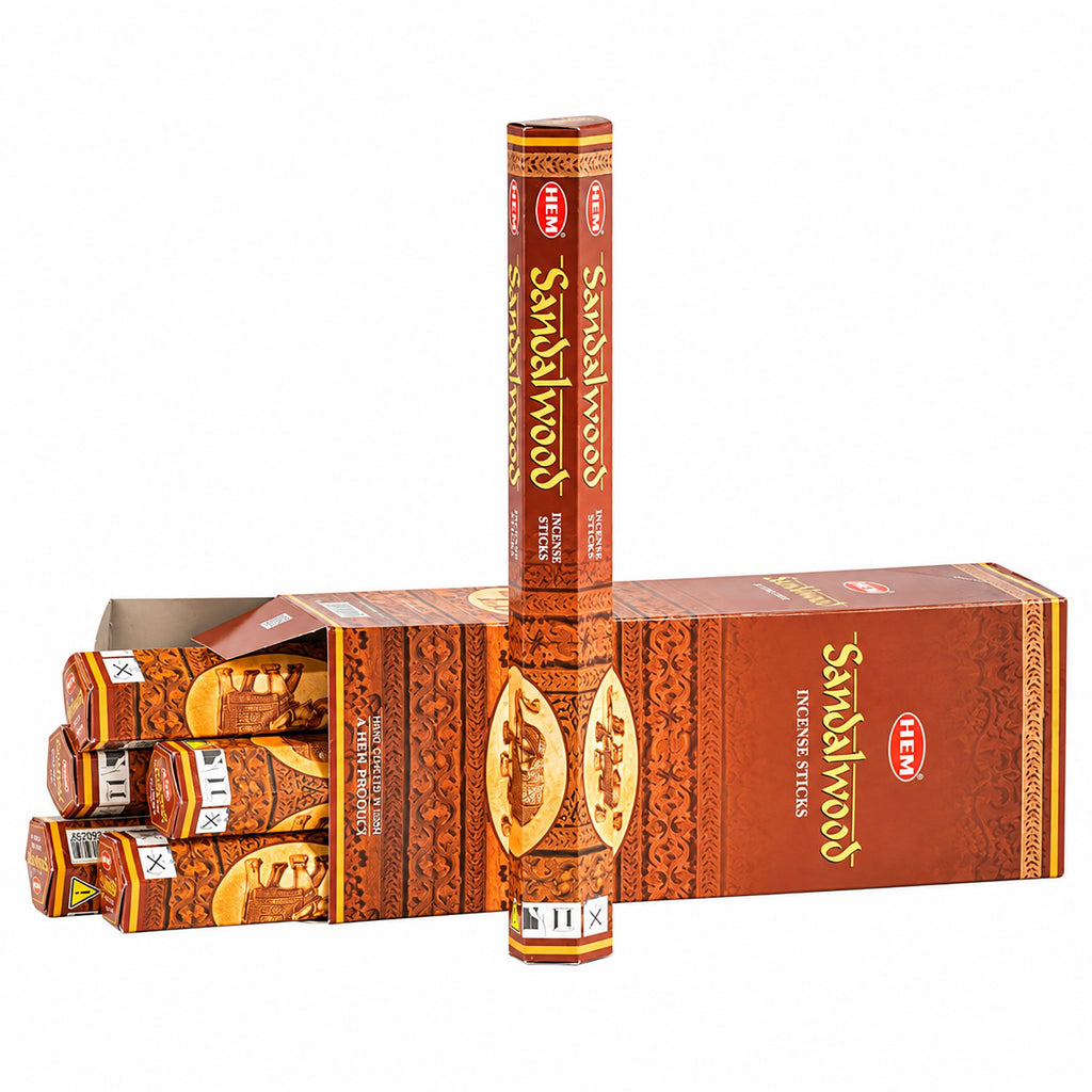 HEM Sandalwood incense pack shown upright beside an open display box