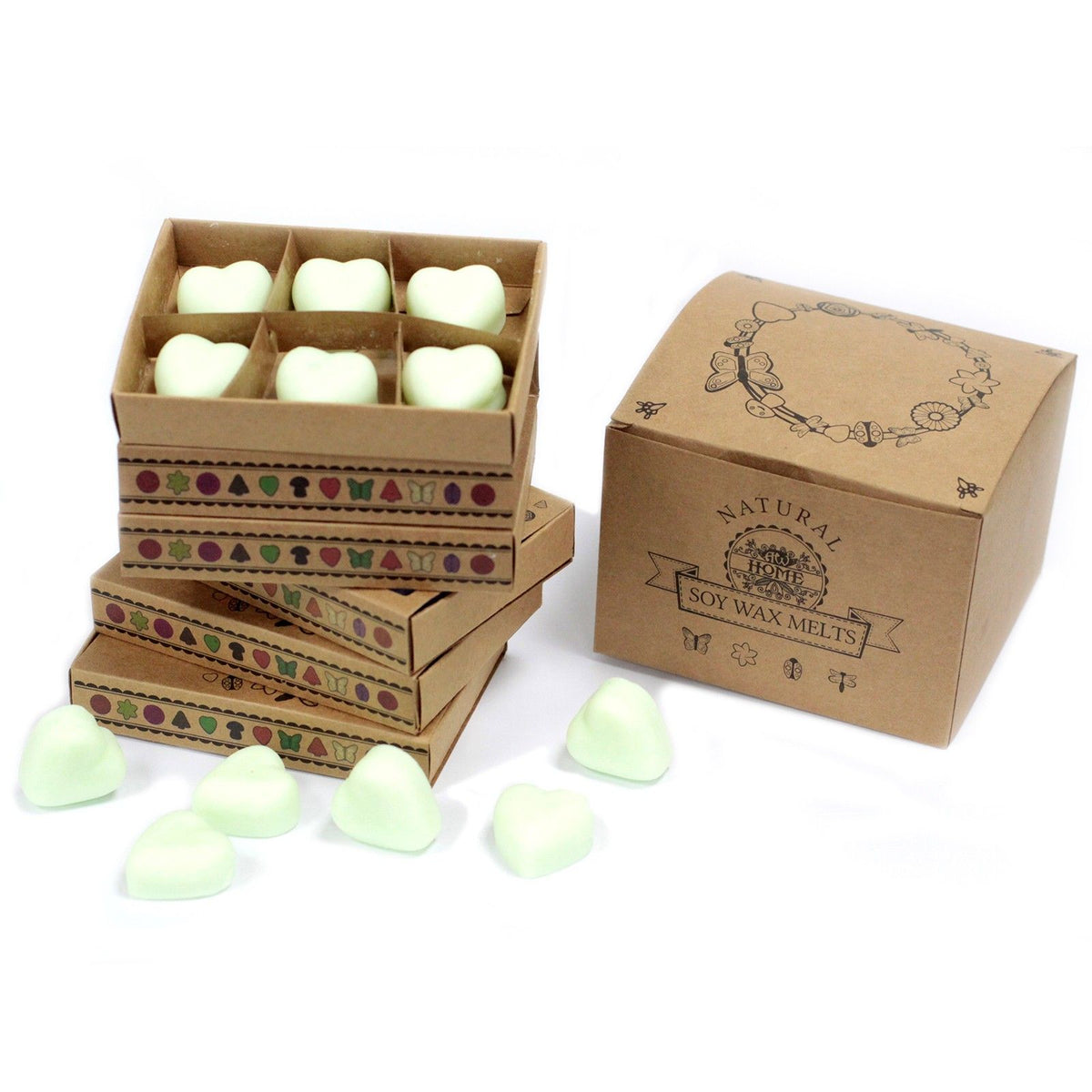 Box of 6 Wax Melts, Watermelon Fresh in open kraft boxes, with pale green heart melts displayed