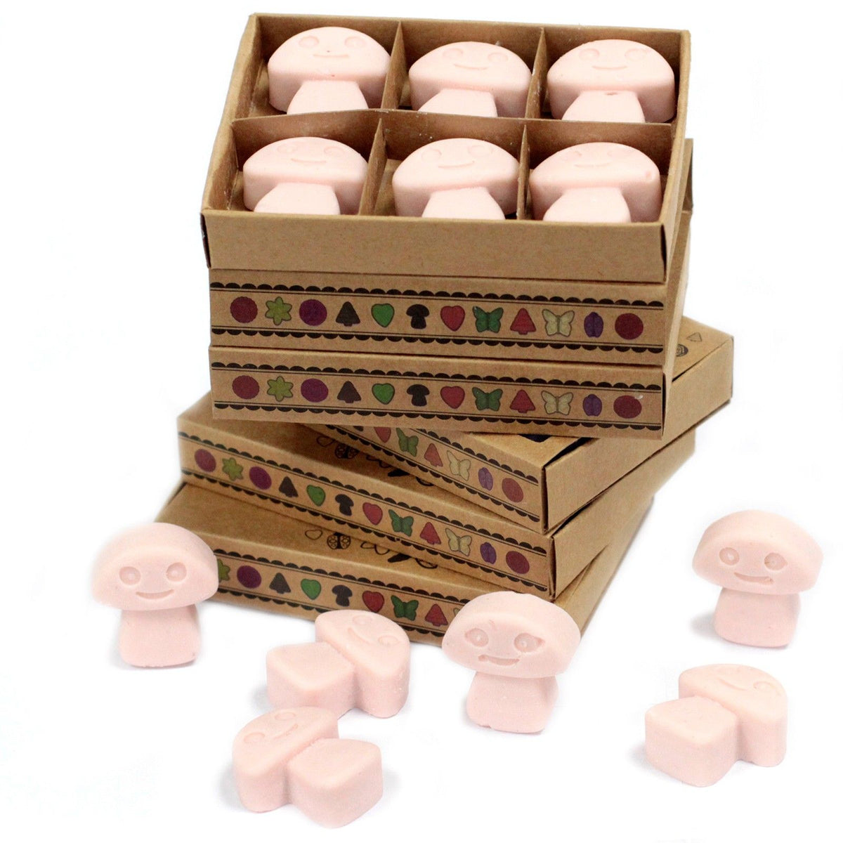 Box of 6 Wax Melts, Dark Sandalwood, open patterned box with pale pink melts inside and loose melts in front