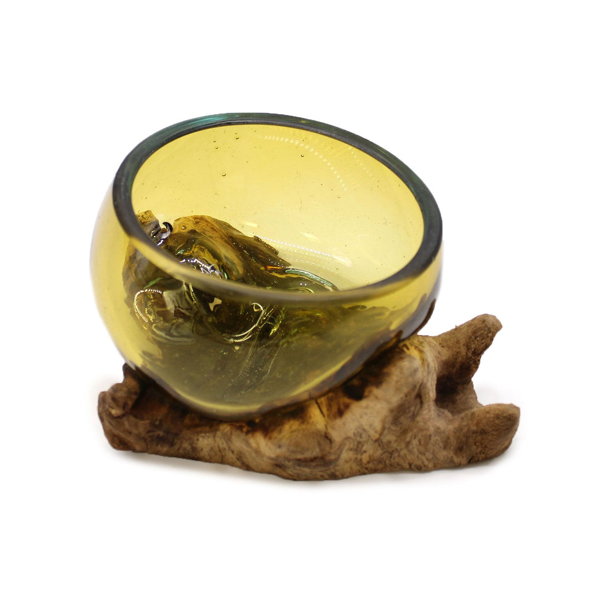 Molton Glass Mini Amber Bowl on Wood, amber glass bowl on a knobbly wood base, viewed from above
