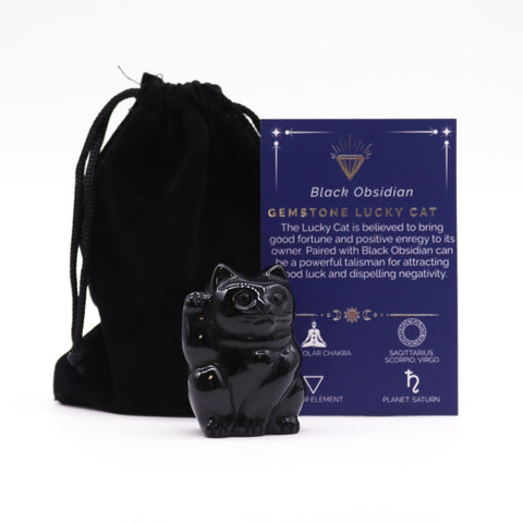 Gemstone Lucky Cat, Black Obsidian figure beside a black drawstring pouch and product card