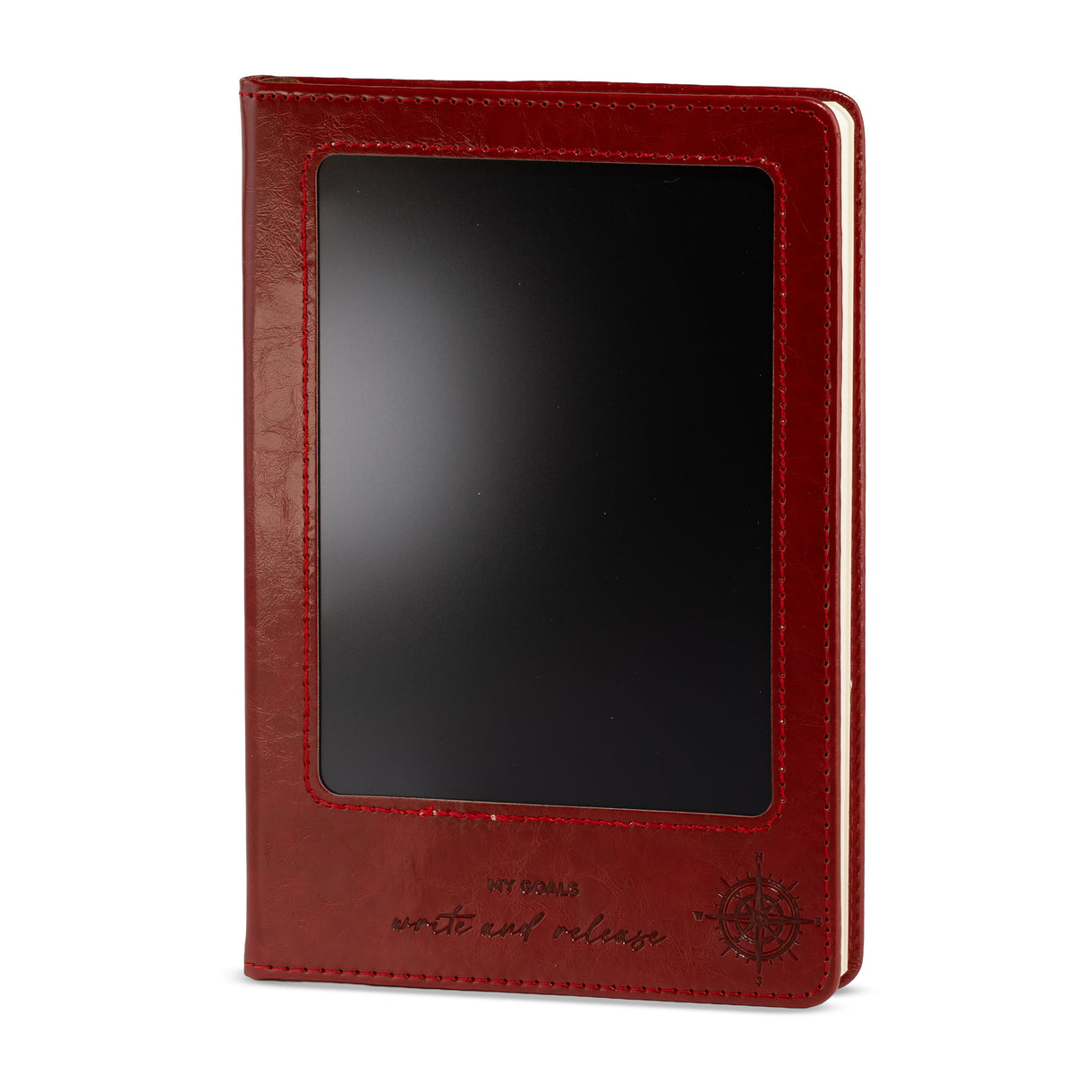 Red intention notebook with a black LCD screen on the cover