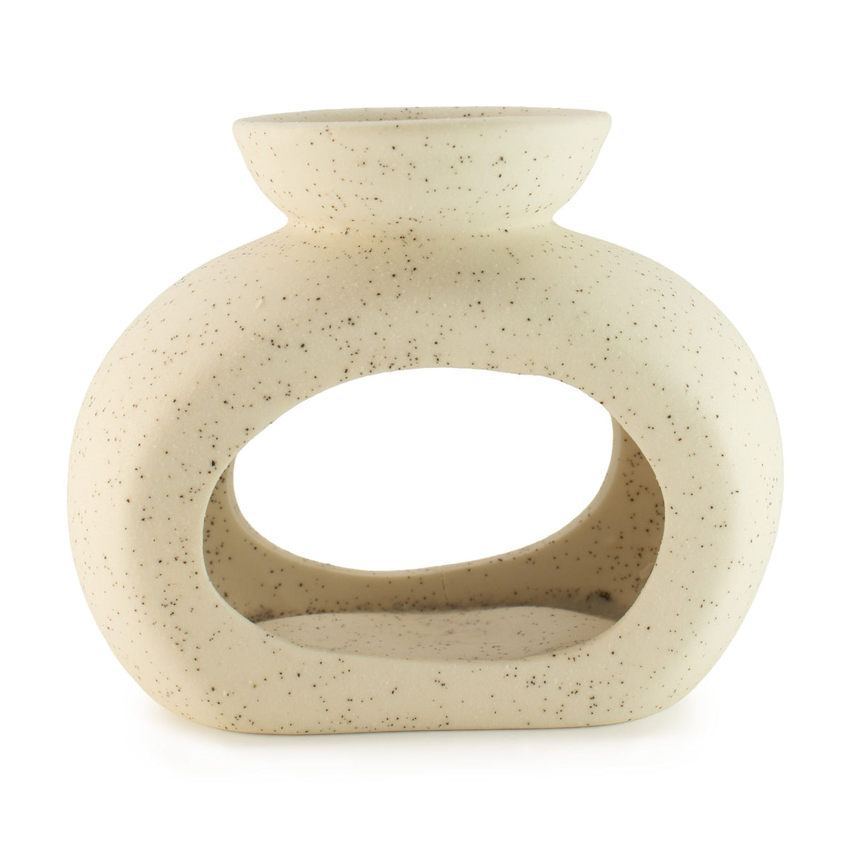 Ceramic Zen Oil Burner, Oval Pebble, Speckled Off-White, front view on a white background