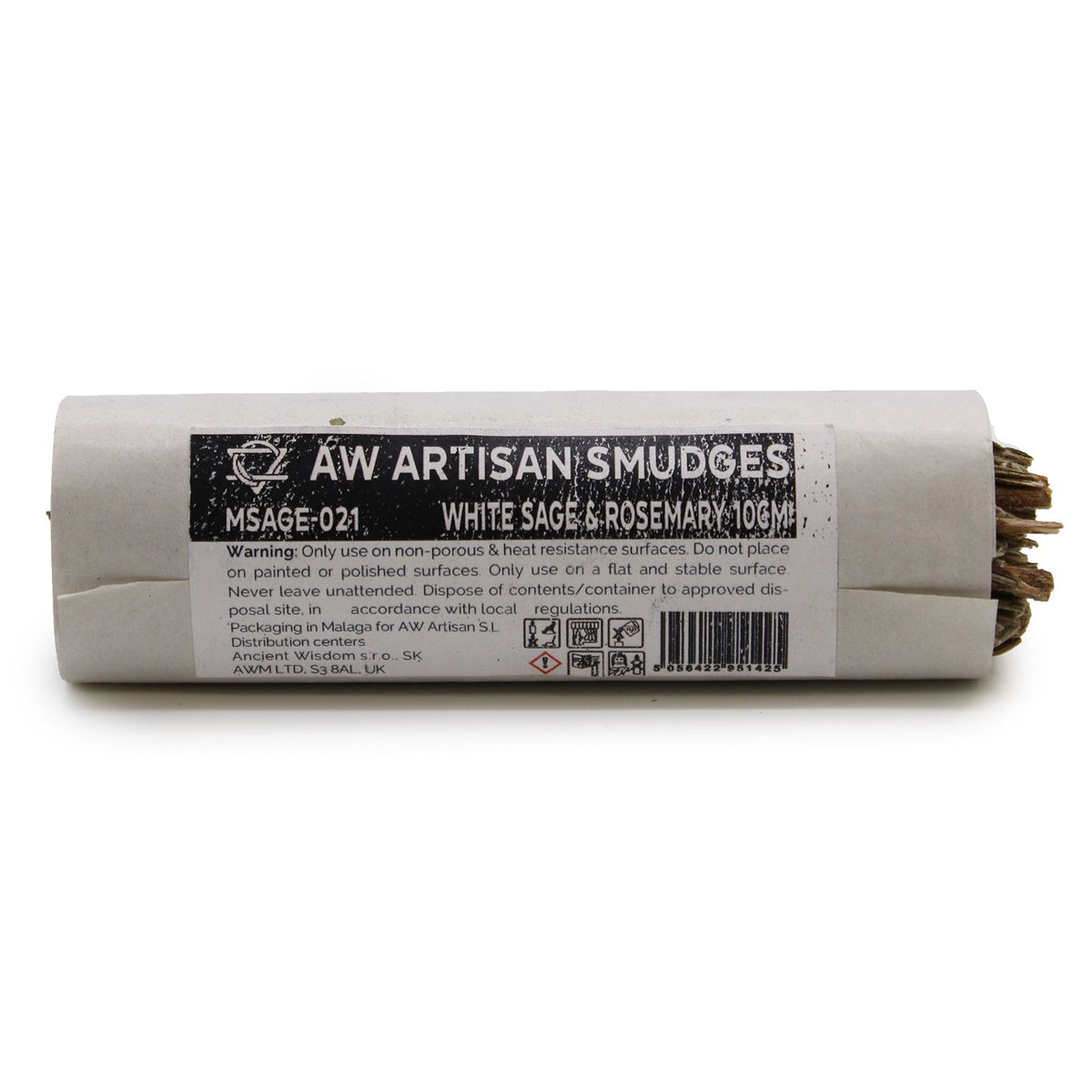 Smudge Stick, White Sage & Rosemary 10cm in a white paper sleeve with a printed label, side view