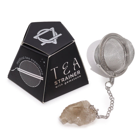 Raw Crystal Gemstone Tea Strainer, Smoky Quartz, silver mesh ball with a pale brown raw stone and black box