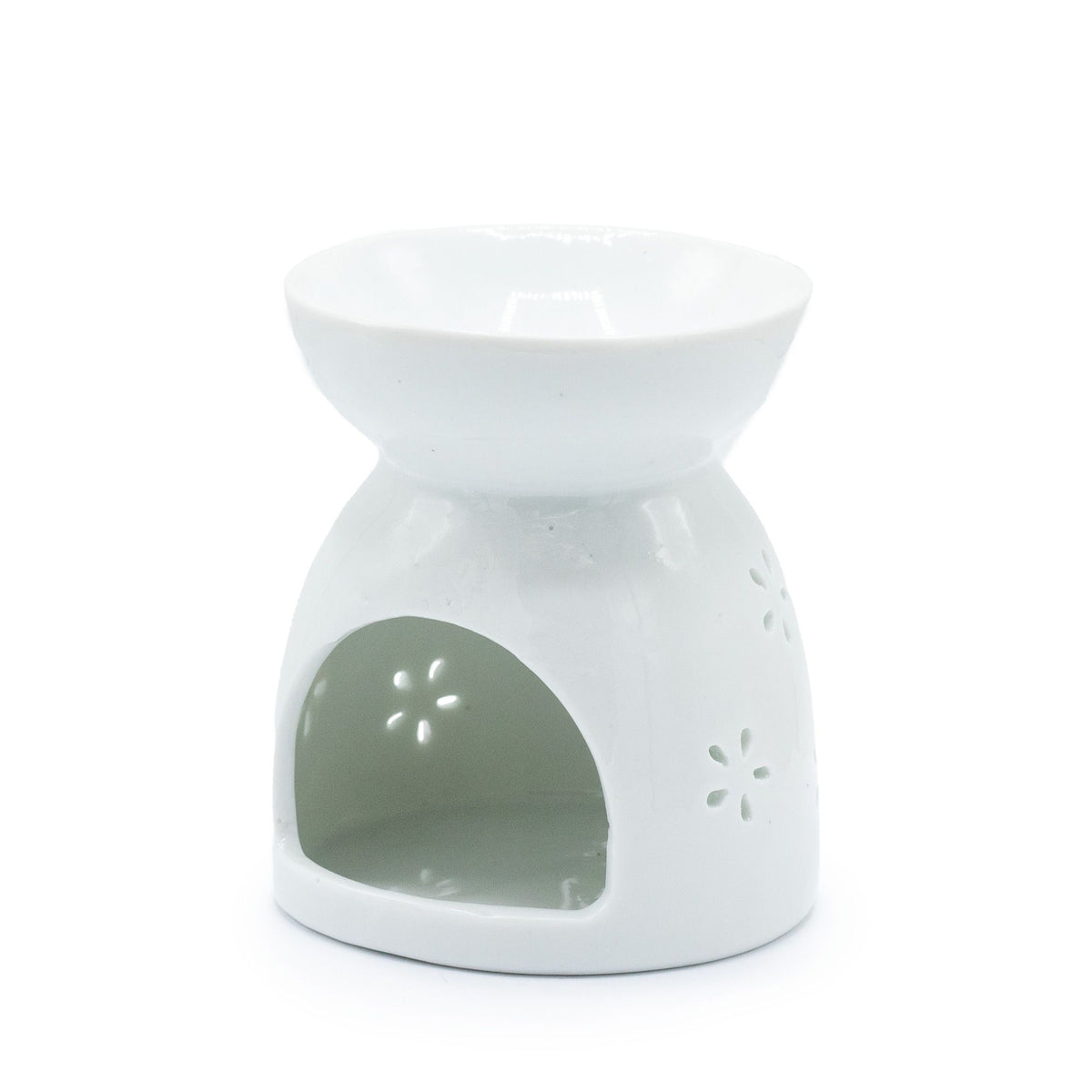 Oil Burner Buddha Cut Out- White, white burner with a top dish and arched cut-out opening, front view