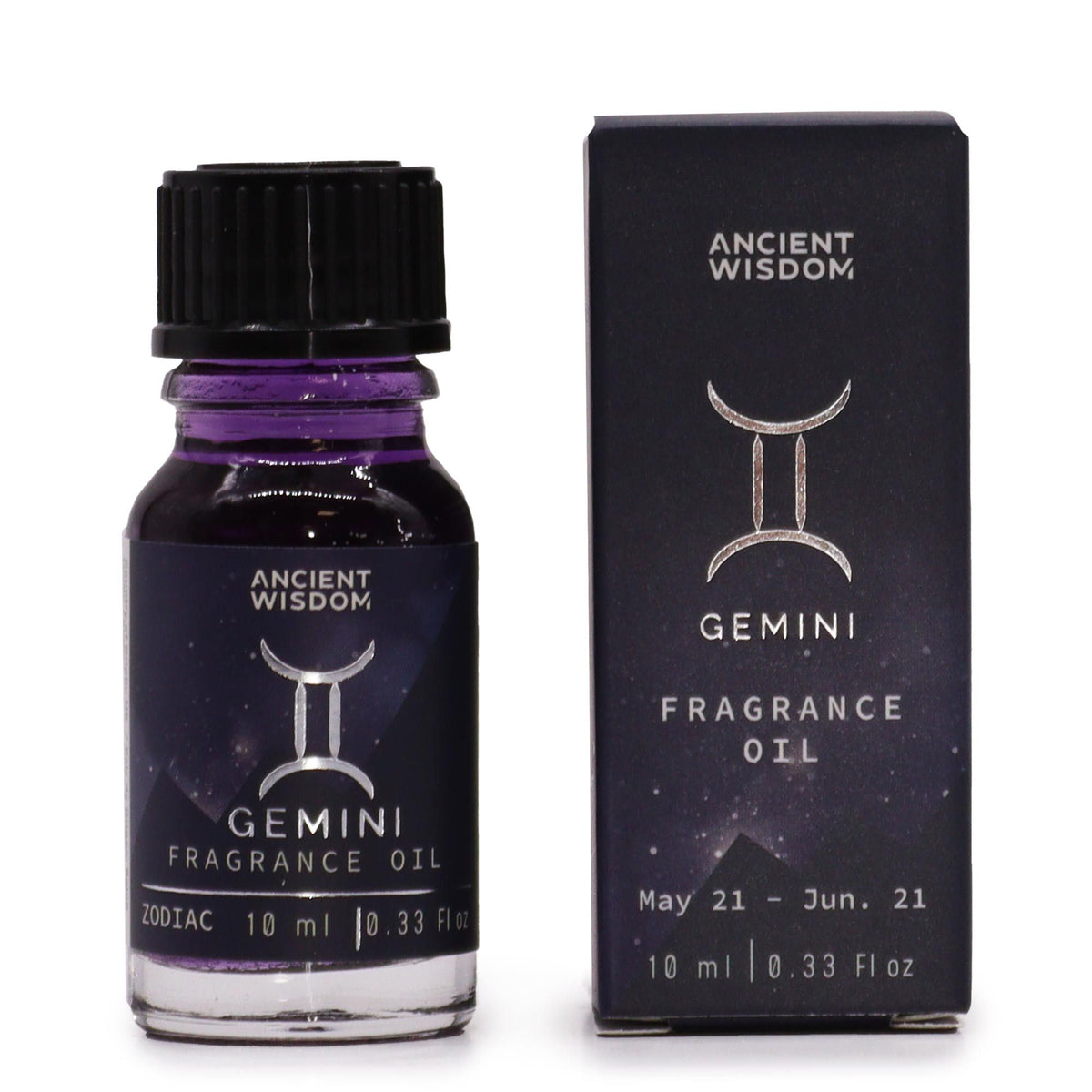 Gemini zodiac fragrance oil bottle in dark purple glass next to its star-sign gift box