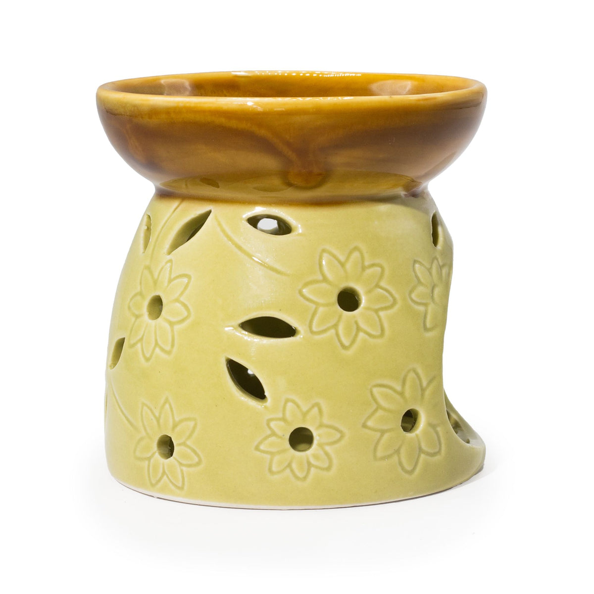 Classic Oil Burner, Assorted Colours, pale green with raised flowers and a brown top dish, shown from the side
