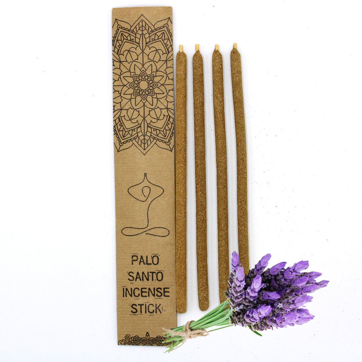 Palo Santo Large Incense Sticks, Lavander, four sticks beside a decorated cardboard box and purple flowers