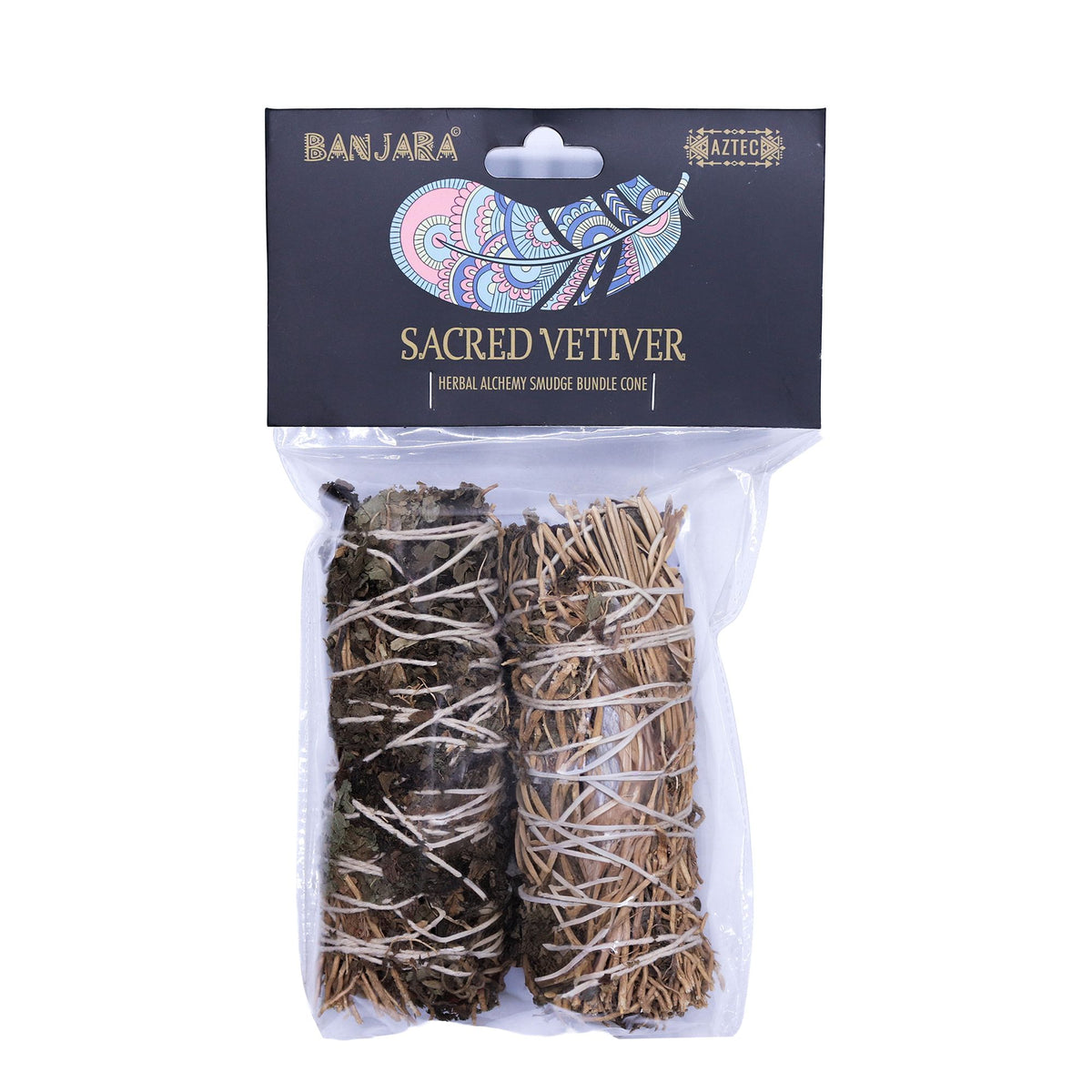 Packaged Banjara Sacred Vetiver smudge sticks, two tied bundles visible through a clear bag