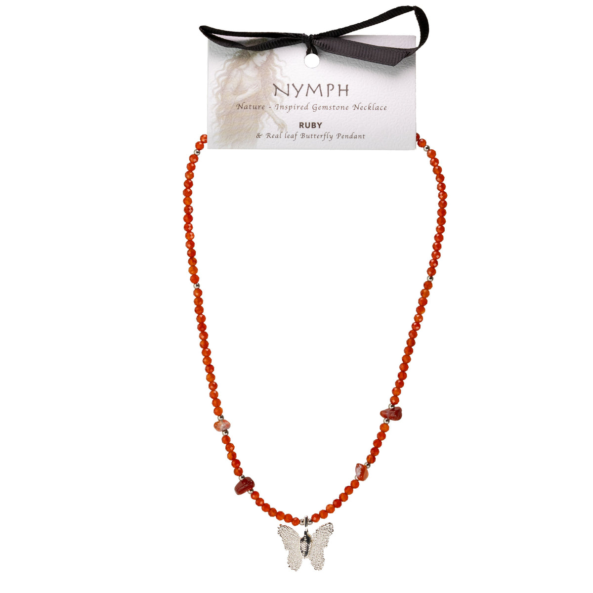 Nymph Ruby Gemstone Necklace with Real Leaf Butterfly Pendant