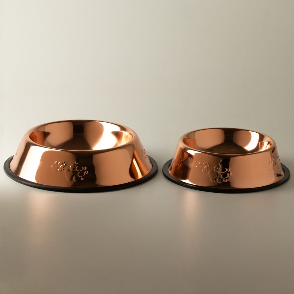 Two copper-style pet bowls shown side by side