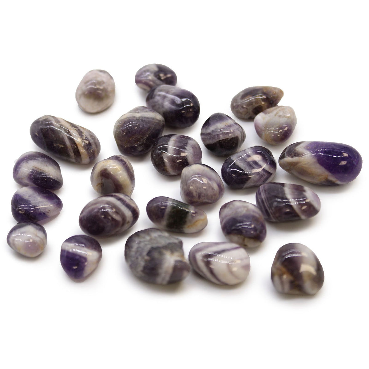 Small African Tumble Stones, Amethyst, Chevron, scattered polished purple and cream stones on white