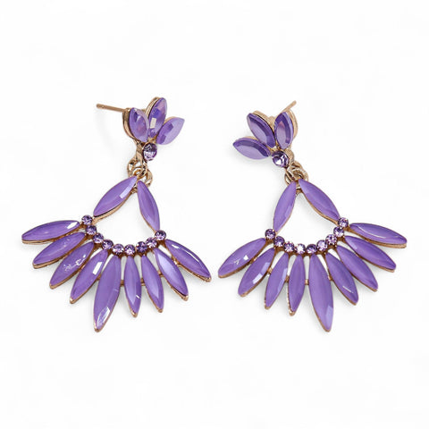 Lavender vintage glass long drop earrings, a pair shown from the front on a white background