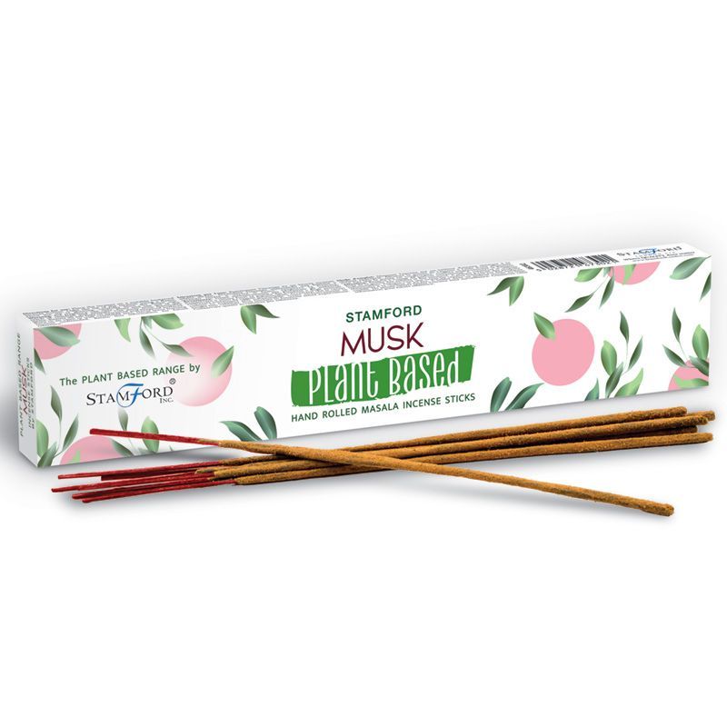 Plant Based Masala Incense Sticks, Musk in a white leaf-print box with loose brown sticks in front