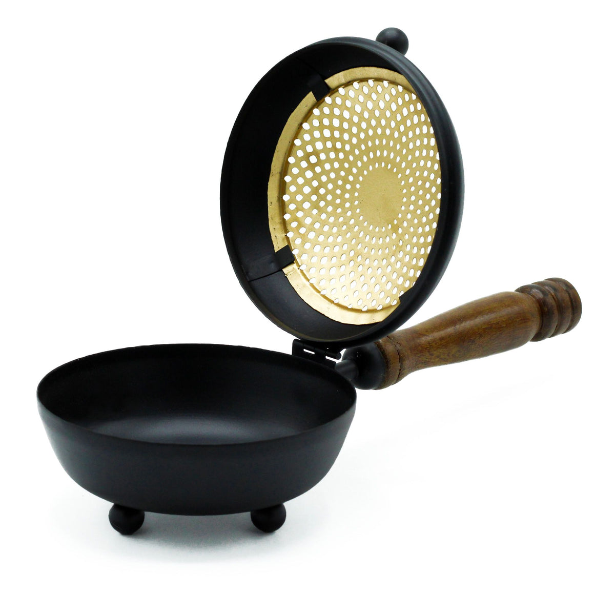 Large Iron Censer Incense Burner, Gold detail, open black bowl with gold perforated lid and wooden handle