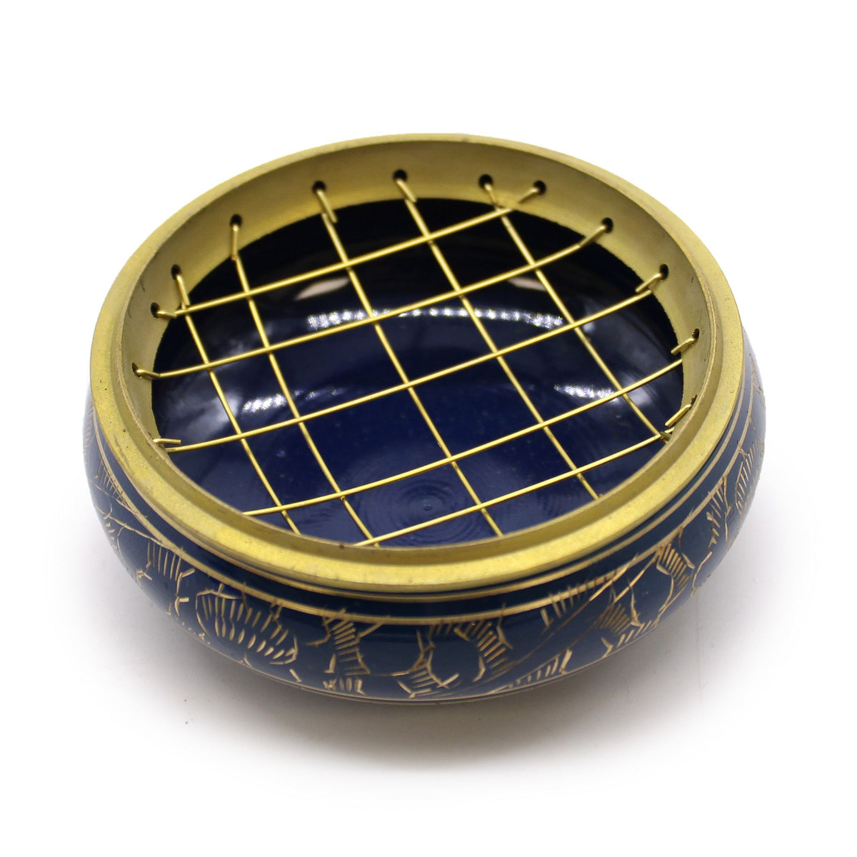 Blue and gold throat chakra incense jar viewed from above, with its gold grid resting across the top