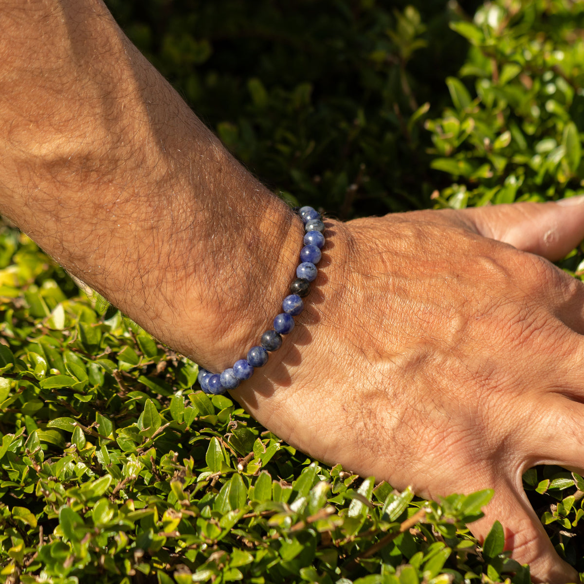 Sodalite bracelet worn outdoors