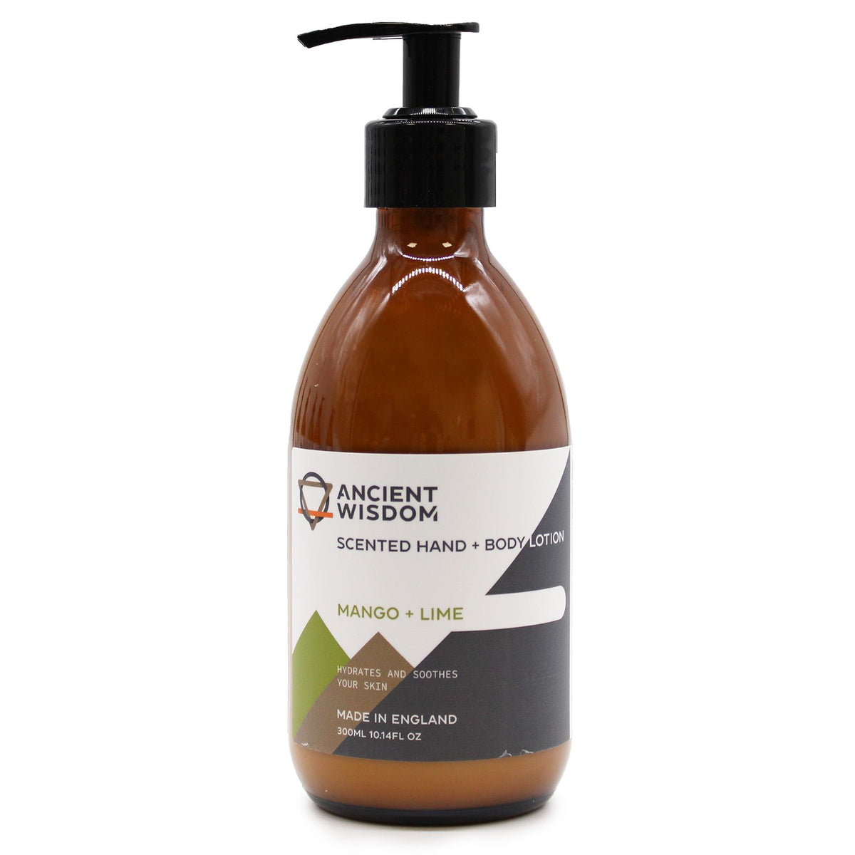 Mango & Lime Lotion, close-up of the amber pump bottle and front label against a white background