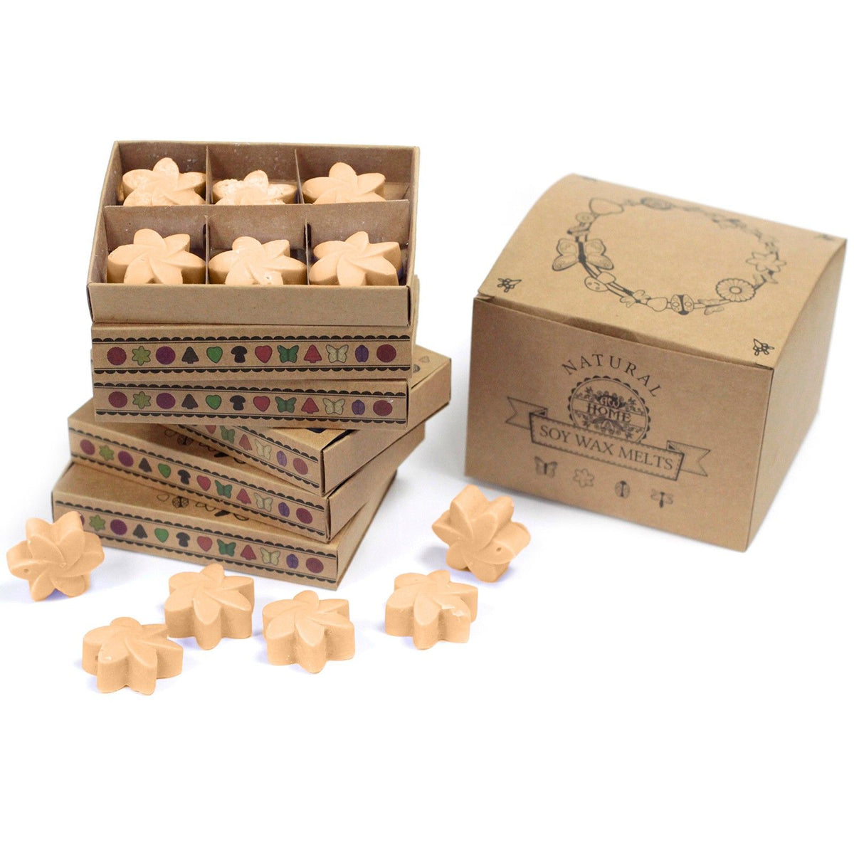 Box of 6 Wax Melts, Midnight Jasmine in an open divided box, with loose flower-shaped melts and boxes