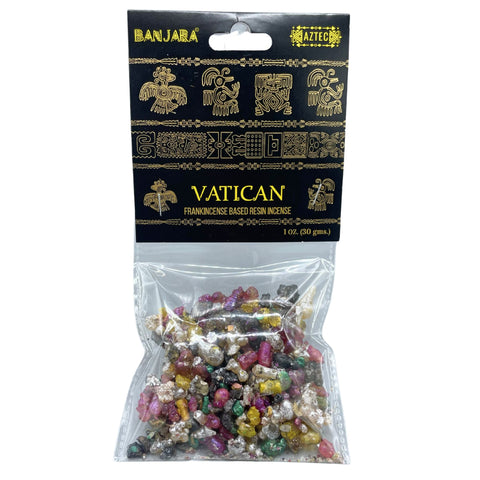 Banjara Tree Resin, Vatican in a clear packet with a black and gold label and colourful resin pieces