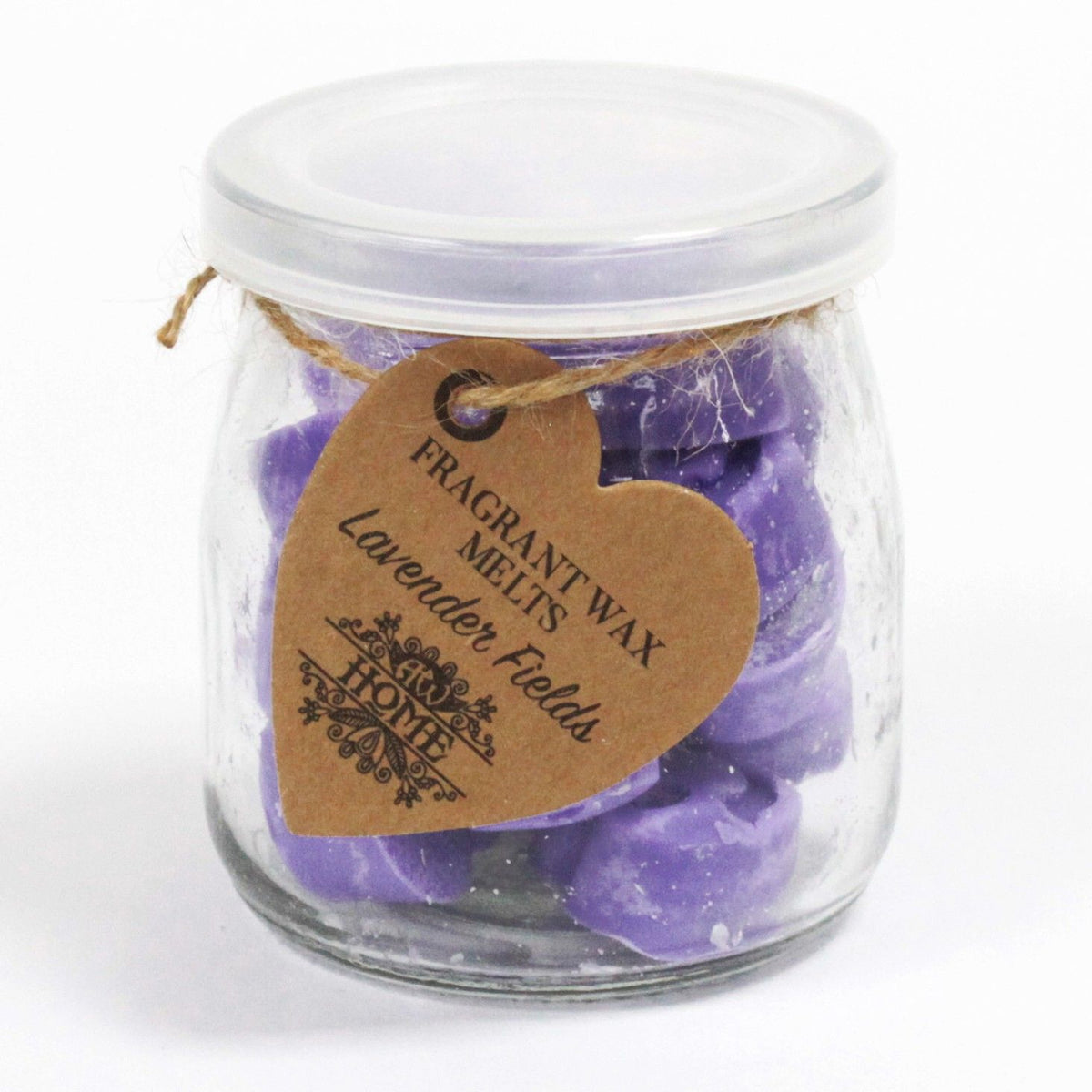 Lavender Fields jar filled with purple melts, closed with a clear lid and heart-shaped tag
