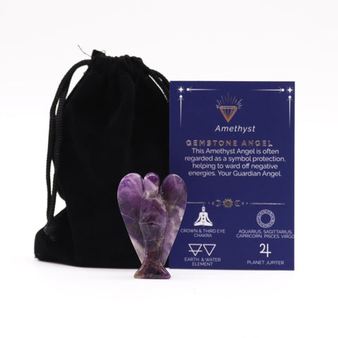 Hand Carved Gemstone Angel, Amethyst, a purple carved figure beside a black pouch and information card