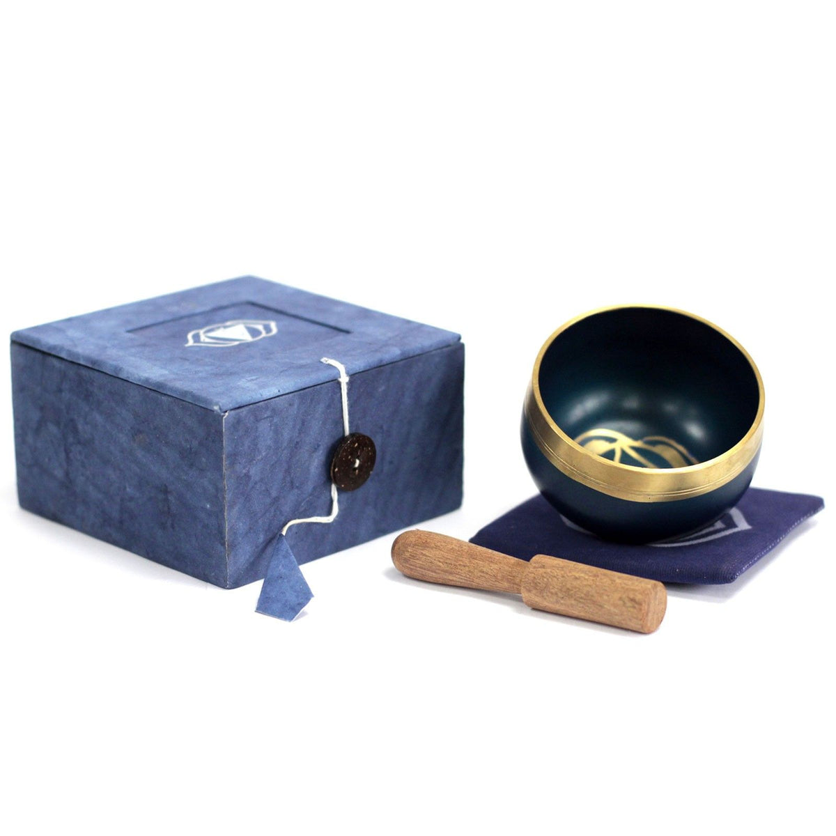 Chakra Singing Bowl, Third Eye, dark blue bowl with wooden striker and blue box and cushion