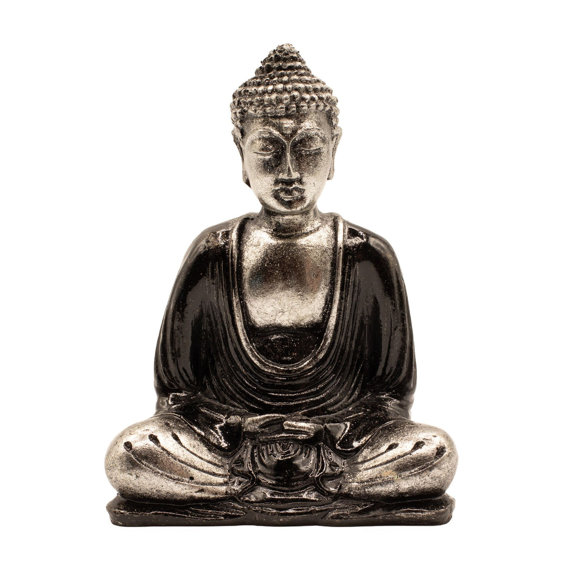 Black & Grey Buddha, Medium statue seated cross-legged, shown from the front against a white background