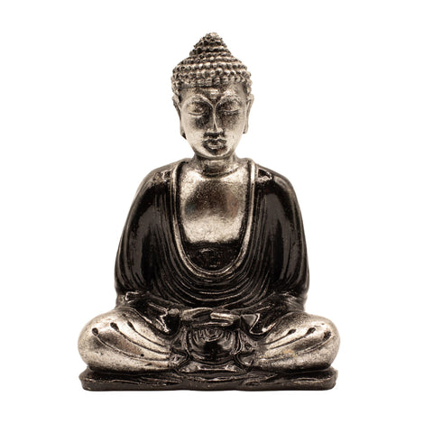 Black & Grey Buddha, Medium statue seated cross-legged, shown from the front against a white background