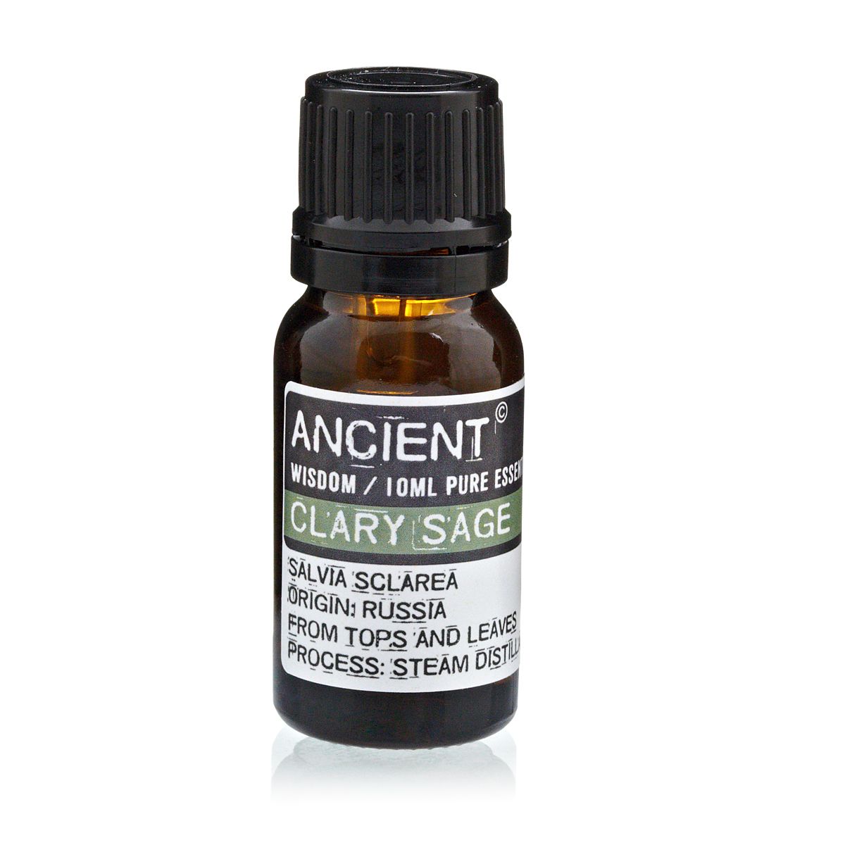 10 ml Clary Sage Essential Oil in a small amber bottle with a black cap, shown from the front